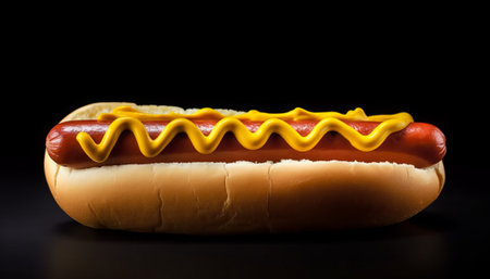Hot dog with yellow mustard and ketchup on a black background.の素材