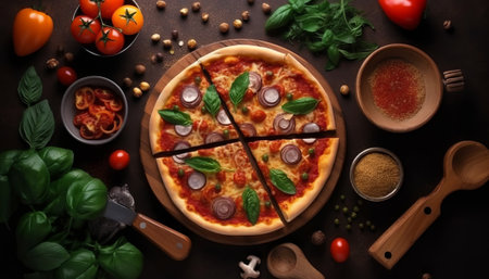 Top view of pizza with ingredients and spices on dark wooden table.の素材