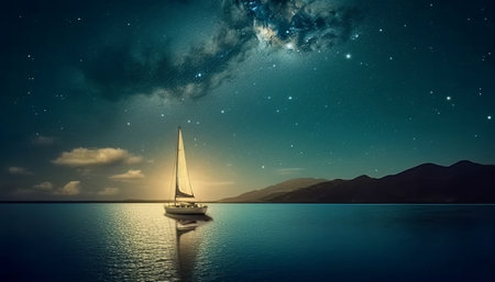 Sailing yacht in the night sky with stars. 3d renderingの素材