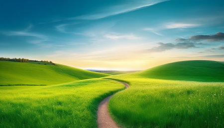 Beautiful spring landscape with green meadow and blue sky at sunsetの素材