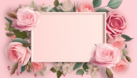 Pink and white roses frame with copy space on pastel pink backgroundの素材