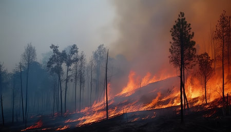 Forest fire, burning dry grass and trees in the foreground, close upの素材