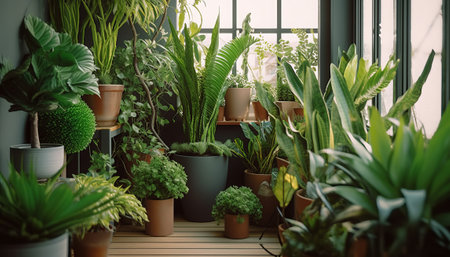 Plants in pots on the windowsill. Home garden concept.の素材