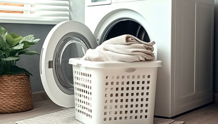 Laundry basket with clean towels and washing machine on wooden floorの素材
