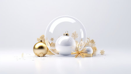 Christmas baubles and snowflakes in crystal ball on white backgroundの素材