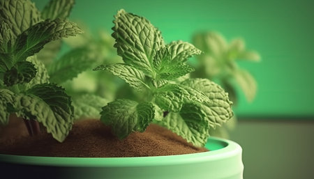 Fresh mint plant growing in a pot on green background. 3d illustrationの素材