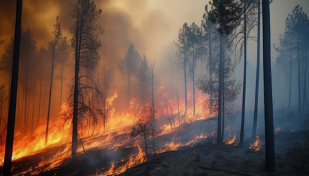 Forest fire. Burning pine trees in the forest. The concept of natural disaster.の素材