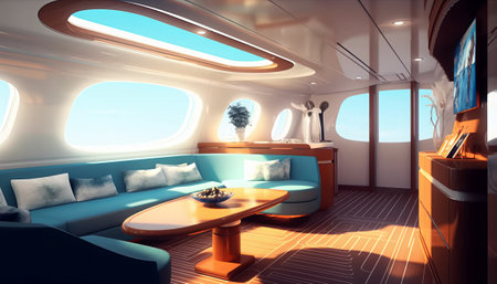 Interior of a cruise ship. View from the window. 3D renderingの素材