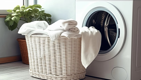 Laundry basket with clean towels and washing machine in the roomの素材