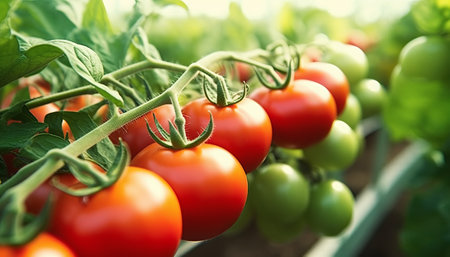 Ripe red tomatoes growing on a branch in a greenhouse. Selective focus.の素材