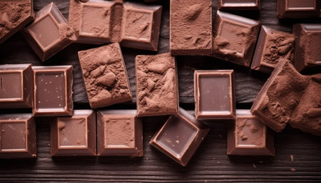Chocolate bars and cocoa powder on wooden background. Toned.の素材