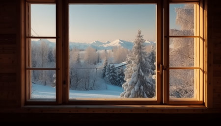 Beautiful view from the window to the mountains. Winter landscape.の素材