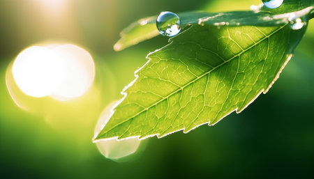 Green leaf with water drops in the morning sunlight. Nature background.の素材
