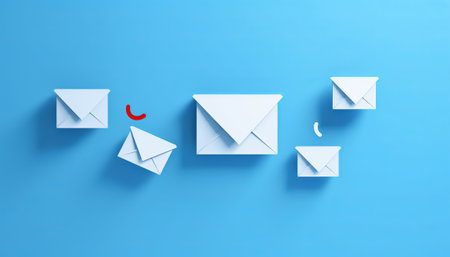 Conceptual image of a group of envelopes on a blue backgroundの素材