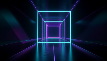 3D abstract background with neon lights. neon tunnel.space construction. 3d illustrationの素材