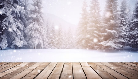 Wooden floor against snowy landscape with fir trees in a snowy forestの素材