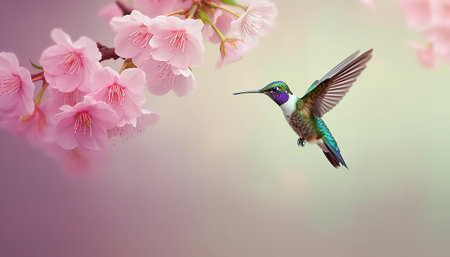 Hummingbird and sakura blossom, beautiful nature scene.の素材