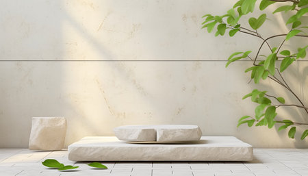 3d rendering, minimal display podium or stand for product presentation in the room with green plant.の素材