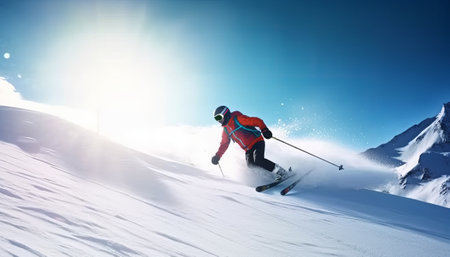 Skier skiing downhill in high mountains. 3D Rendering.の素材
