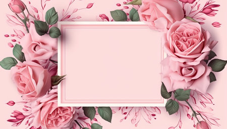 Flower frame with pink roses and leaves on pastel pink background.の素材