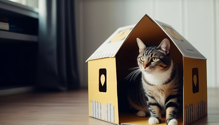 Cute tabby cat is sitting in a cardboard box at home.の素材