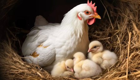 chicken with newborn chicks in the nest on a dark background.の素材