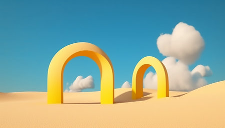 3d render of an arch in the desert with clouds and blue skyの素材
