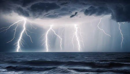 Conceptual image of stormy sky with lightning over sea surfaceの素材