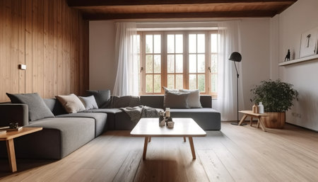 interior of modern bright living room with grey sofa 3D renderingの素材