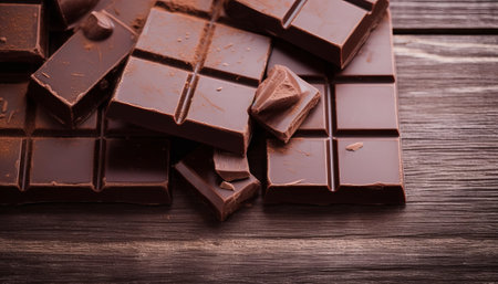 Pieces of dark chocolate on wooden background. Selective focus. Toned.の素材