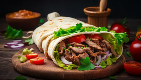 Doner kebab with vegetables and meat on a wooden background.の素材