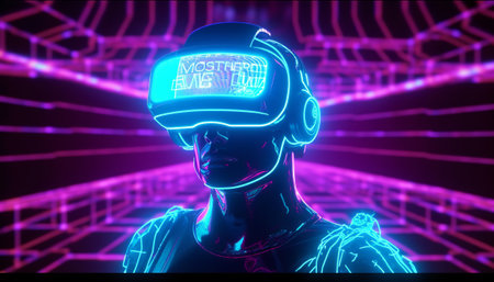 3d illustration of a man wearing virtual reality glasses. Cyberpunk style.の素材