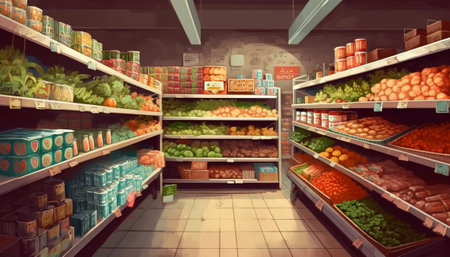 Supermarket shelves with fruits and vegetables, 3d rendering. Computer digital drawing.の素材
