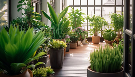 Plants in pots on a wooden floor in a cozy garden.の素材