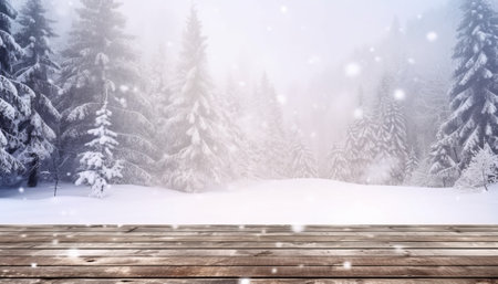 Winter landscape with snow covered trees and wooden floor. Christmas background.の素材