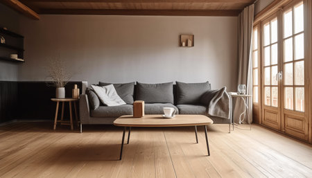 Interior of modern living room with grey sofa 3d Illustrationの素材