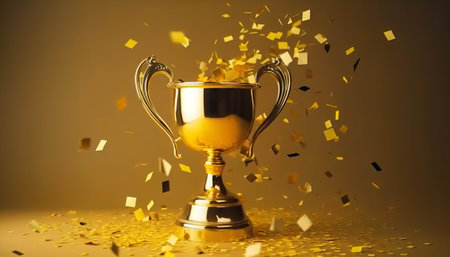 Golden trophy cup with confetti and ribbons isolated on brown backgroundの素材