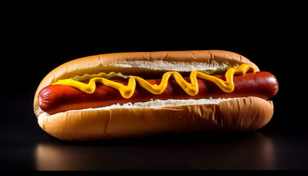 Hot dog with mustard on a black background. Fast food concept.の素材