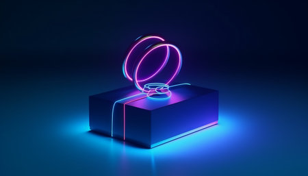 3d illustration of a gift box with a neon light on a dark backgroundの素材