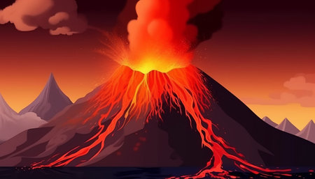 Volcano eruption. Volcano eruption with lava. Volcano eruption vector illustrationの素材