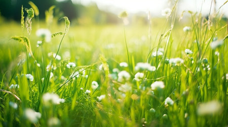 Green grass and white flowers in sunny meadow. Soft focus.の素材