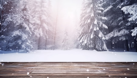 Wooden floor against snowy landscape with fir trees in forest during winterの素材