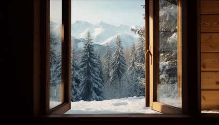 View from the window to the mountains and snow-covered forest.の素材
