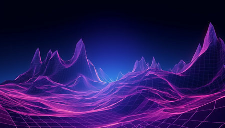 Abstract polygonal landscape with glowing lines and dots. 3d renderingの素材