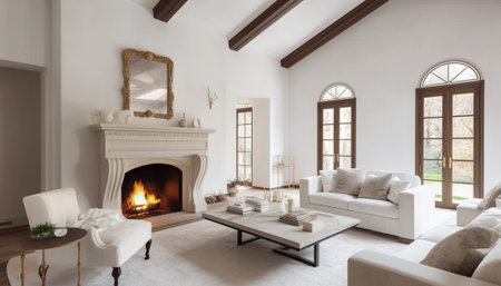 Luxury living room with fireplace and armchairs. 3d renderの素材