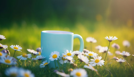 Cup of coffee on a meadow with daisies.の素材