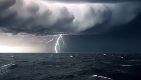 Conceptual sea or ocean storm with lightning and thundercloudsの素材