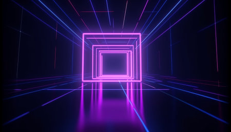 3D abstract background with neon lights. neon tunnel. 3d illustrationの素材