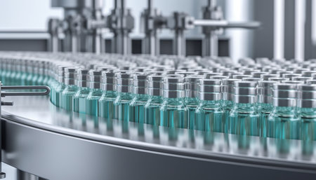 3D rendering of a conveyor belt with glass bottles in a modern factoryの素材