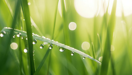 Fresh green grass with dew drops closeup. Nature background.の素材